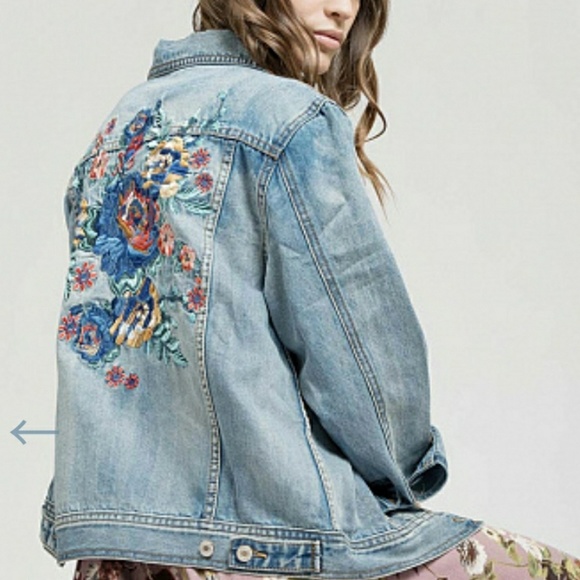 Jackets & Blazers - Button Up Floral Embroidered Denim/Jean Jacket